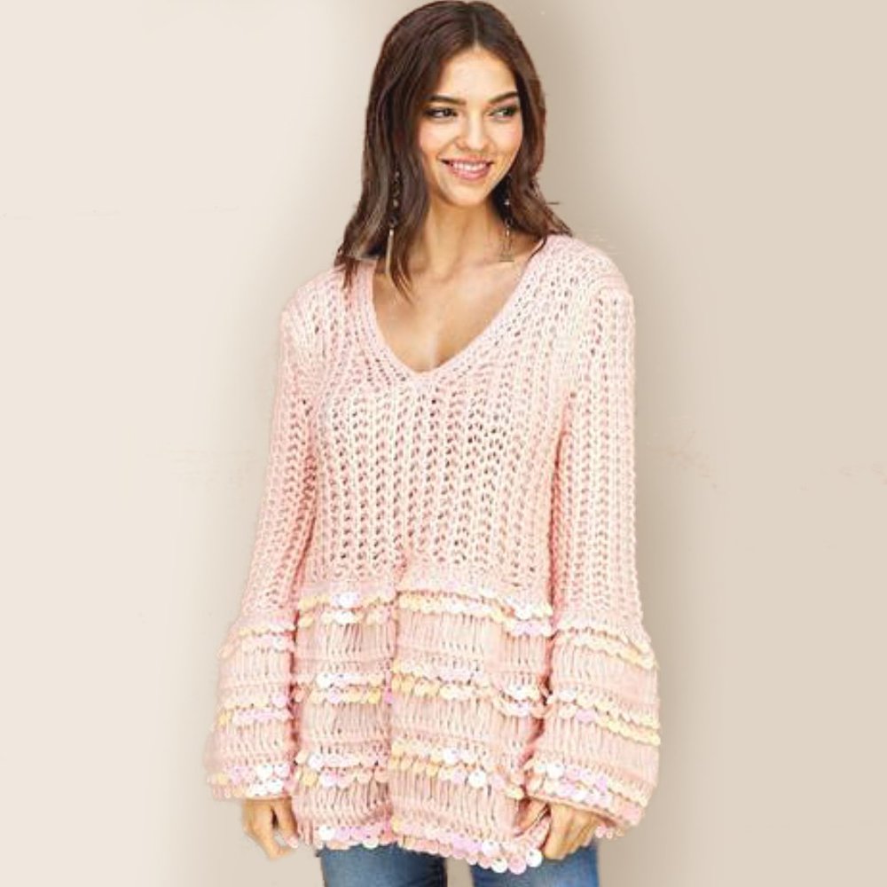 VELZERA NWT pink sequin bell sleeve sweater